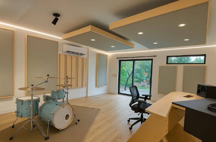 A music room with a drumset and desk. Fabricmate Sound dampening panels are hanging on the walls and from the ceiling with light fixtures integrated into the panel