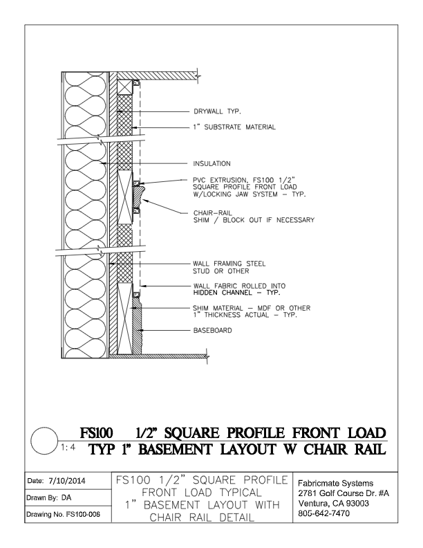 TYPICAL 1 INCH BASEMENT LAYOUT WITH CHAIR RAIL - FS100-008